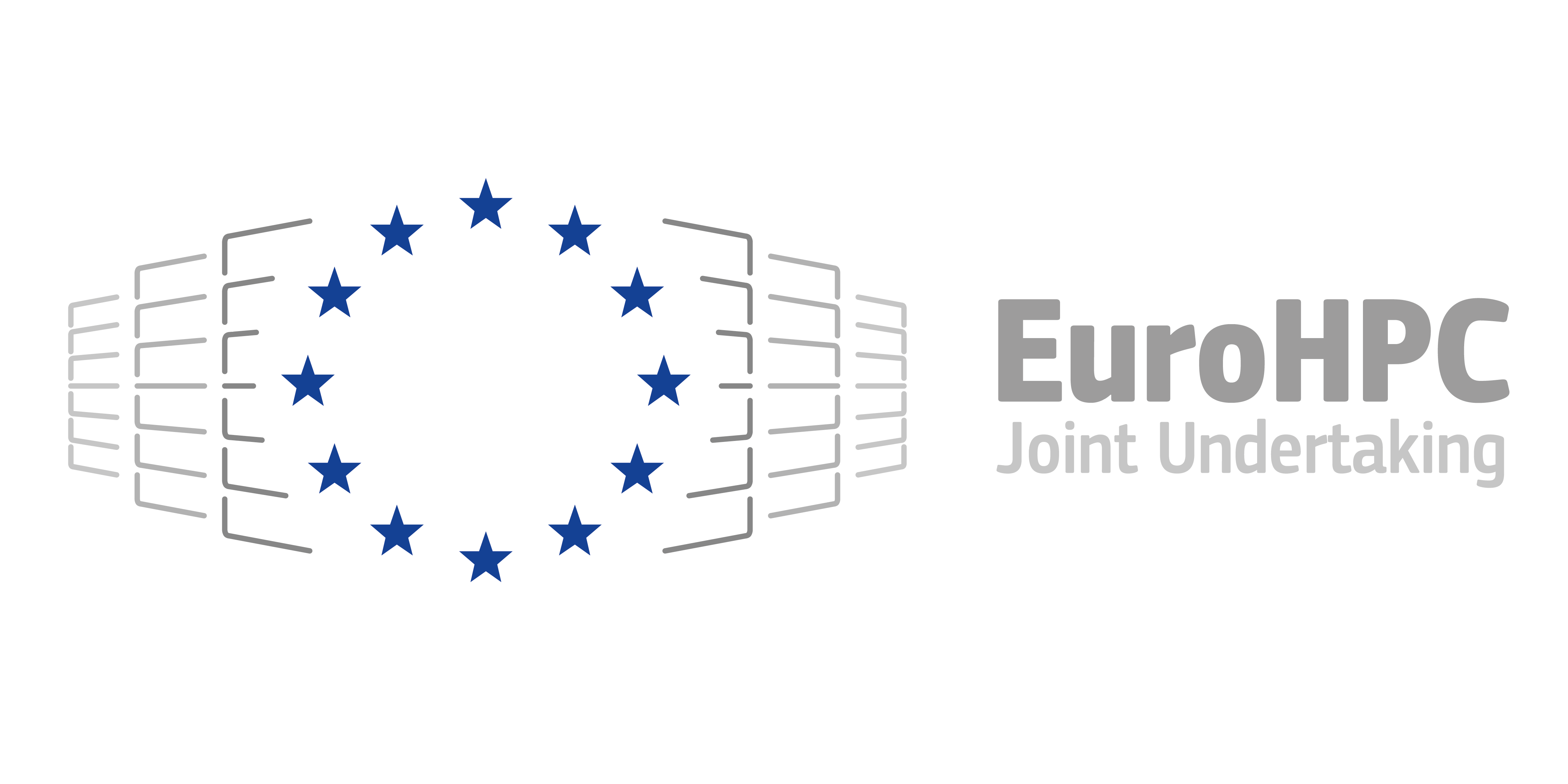 EuroHPC Joint Undertaking logo featuring twelve blue stars in a circular pattern with stylized lines, and the text "EuroHPC Joint Undertaking" to the right.
