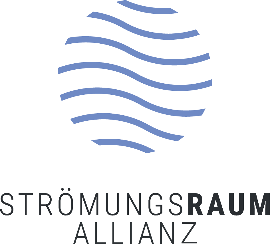 Deutsch: Blaue Wellenlinien, die einen Kreis bilden, darunter schwarzer Text mit der Aufschrift "Strömungs Raum Allianz". English: Blue wavy lines forming a circle, with black text underneath reading “Strömungs Raum Allianz”.