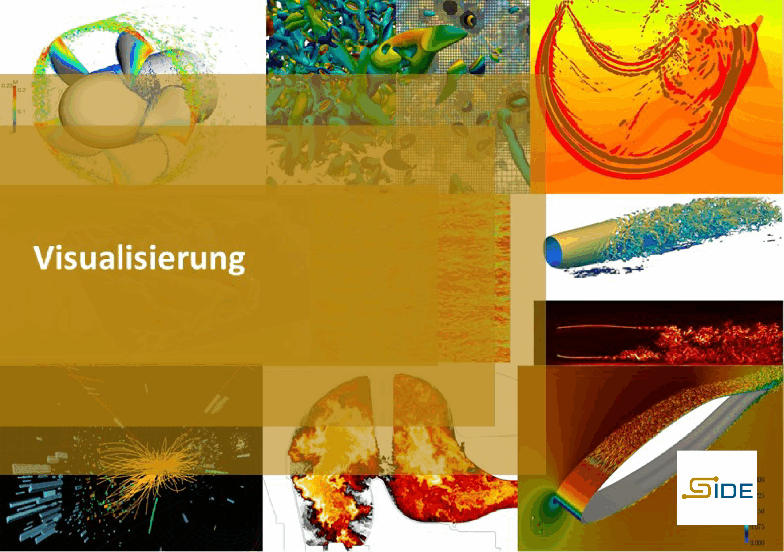 Eine Collage wissenschaftlicher Visualisierungen. Das Bild zeigt verschiedene farbenfrohe und komplexe computergestützte Simulationen und Visualisierungen, wie Strömungsdynamik, Wärmebilder und Partikelfluss. In der Mitte befindet sich ein großes braun-orangefarbenes Rechteck mit dem Wort "Visualisierung" in weißer Schrift. In der unteren rechten Ecke ist ein Logo mit der Aufschrift "EURO GCS" zu sehen. Die Visualisierungen umfassen eine Vielzahl von Farben und Mustern, die auf unterschiedliche Arten von Daten und Analysen hinweisen.
