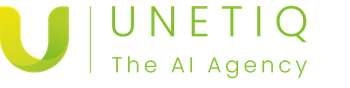 Deutsch: Großes U in einem gelb-grünen Farbverlauf mit grünem Text auf der rechten Seite mit der Aufschrift "UNETIQ The AI agency". English: A large letter “U” in a yellow-to-green gradient, with green text on the right reading “UNETIQ The AI agency.”