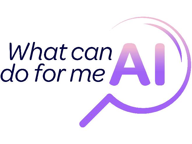Deutsch: Schwarzer Text "What can do for me" und eine Lupe auf der rechten Seite, die in einem Farbverlauf von links oben nach rechts unten von rosa nach fliederfarben übergeht. Innerhalb der Lupe befindet sich der Text "AI", ebenfalls in einem Farbverlauf von rosa zu lila. English: Black text reading “What can do for me,” with a magnifying glass on the right that transitions in a gradient from pink in the upper left to lilac in the lower right. Inside the magnifying glass is the text “AI,” also shown in a gradient from pink to purple.