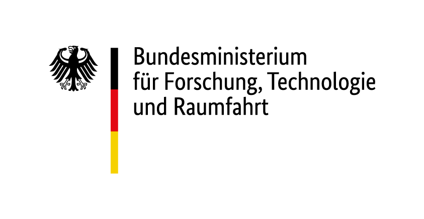 Vertikal angeordnete kurze Linien in den Farben Schwarz, Rot und Gelb, die die deutsche Flagge symbolisieren. Rechts davon steht in schwarzer Schrift der Text "Bundesministerium für Forschung, Technologie und Raumfahrt".