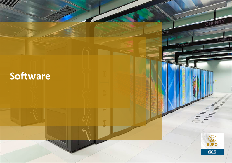 Ein hochmodernes Serverraum mit einer Reihe großer, moderner Computer-Server. Die Server sind auf der rechten Seite des Bildes aufgereiht, jeder mit farbenfrohen Paneelen, die abstrakte Designs zeigen, möglicherweise zur Darstellung von Daten- oder Energiefluss. Über den Servern sind schwarze Balken von der Decke abgehängt, mit den Worten "ENERGY" und "CLIMATE" in Weiß, die Abschnitte oder Themen innerhalb des Serverraums kennzeichnen. Der Boden ist weiß und makellos, was zum sauberen und organisierten Erscheinungsbild des Raumes beiträgt. Die Decke ist metallisch, reflektiert Licht und verstärkt das futuristische Ambiente. Im Vordergrund bedeckt ein halbtransparentes, goldbraunes Overlay einen Teil des Bildes, mit dem Wort "Software" in fetten weißen Buchstaben, was auf einen Fokus auf Softwarelösungen oder -fähigkeiten hindeutet. In der unteren rechten Ecke ist ein Logo sichtbar, das ein stilisiertes "C" und den Text "EURO" über "GCS" zeigt, möglicherweise das Unternehmen oder Projekt, das mit diesem Serverraum verbunden ist.