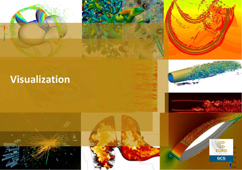Eine Collage wissenschaftlicher Visualisierungen. Das Bild zeigt verschiedene farbenfrohe und komplexe computergestützte Simulationen und Visualisierungen, wie Strömungsdynamik, Wärmebilder und Partikelfluss. In der Mitte befindet sich ein großes braun-orangefarbenes Rechteck mit dem Wort "Visualisierung" in weißer Schrift. In der unteren rechten Ecke ist ein Logo mit der Aufschrift "EURO GCS" zu sehen. Die Visualisierungen umfassen eine Vielzahl von Farben und Mustern, die auf unterschiedliche Arten von Daten und Analysen hinweisen.
